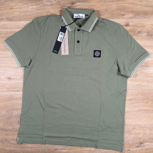Stone Island Striped Collar Patch Logo Polo Shirt in Sage Green
