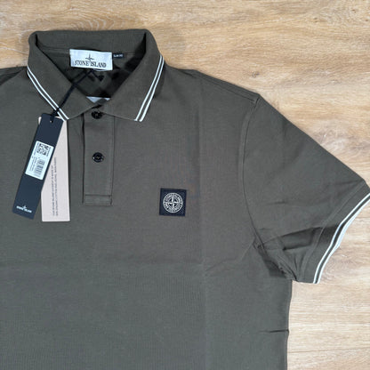 Stone Island Striped Collar Patch Logo Polo Shirt in Military Green