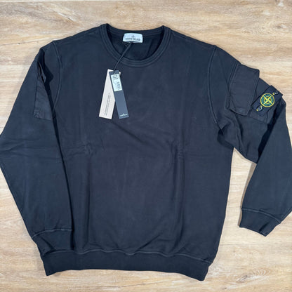 Stone Island Fleece Crewneck Sweatshirt with Sleeve Pockets in Black