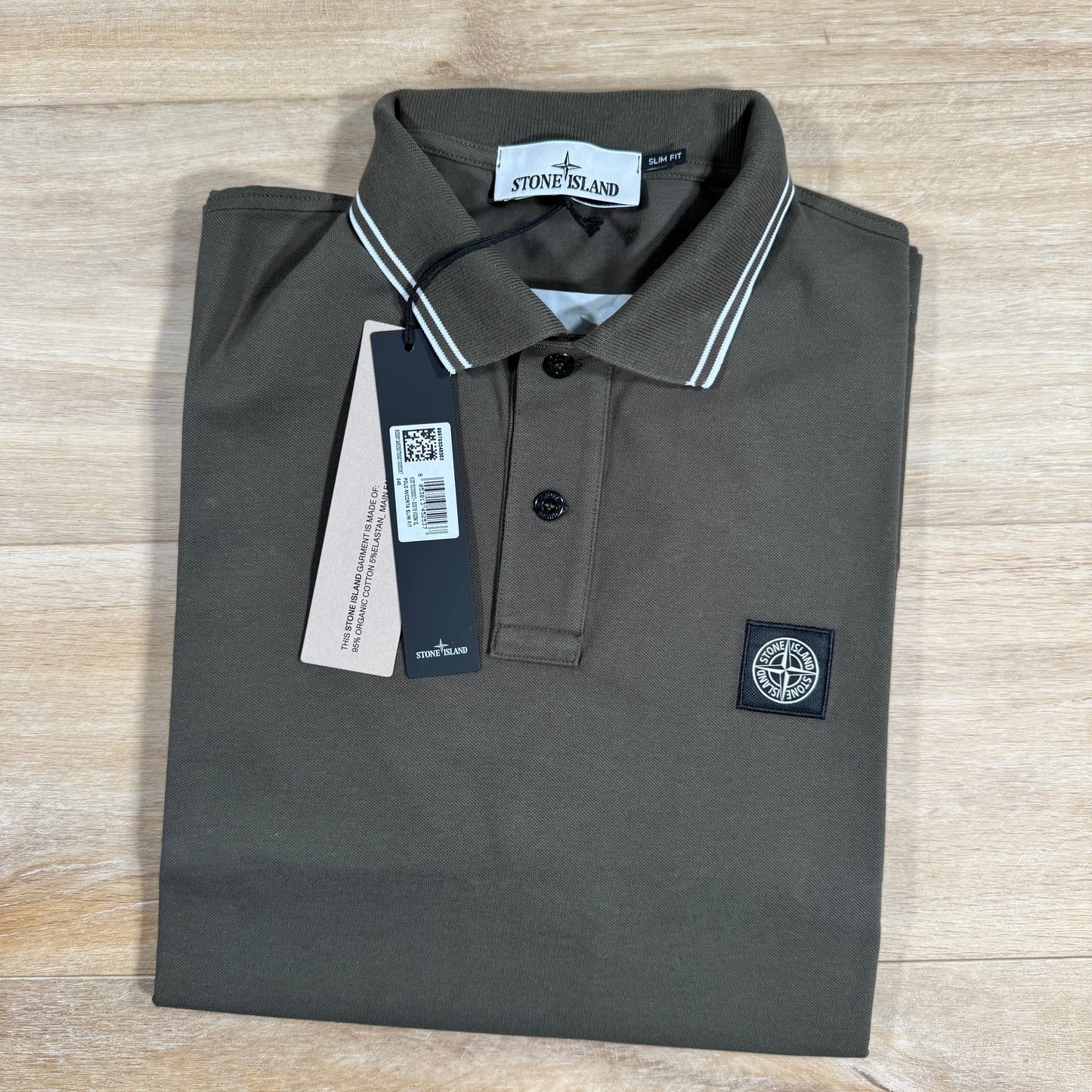 Stone Island Striped Collar Patch Logo Polo Shirt in Military Green