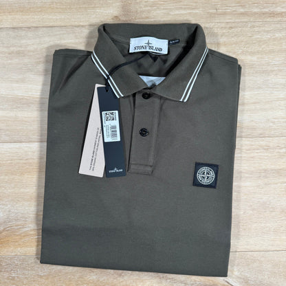 Stone Island Striped Collar Patch Logo Polo Shirt in Military Green