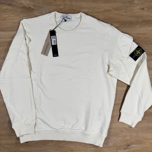 Stone Island Fleece Crewneck Sweatshirt with Sleeve Pockets in Ivory
