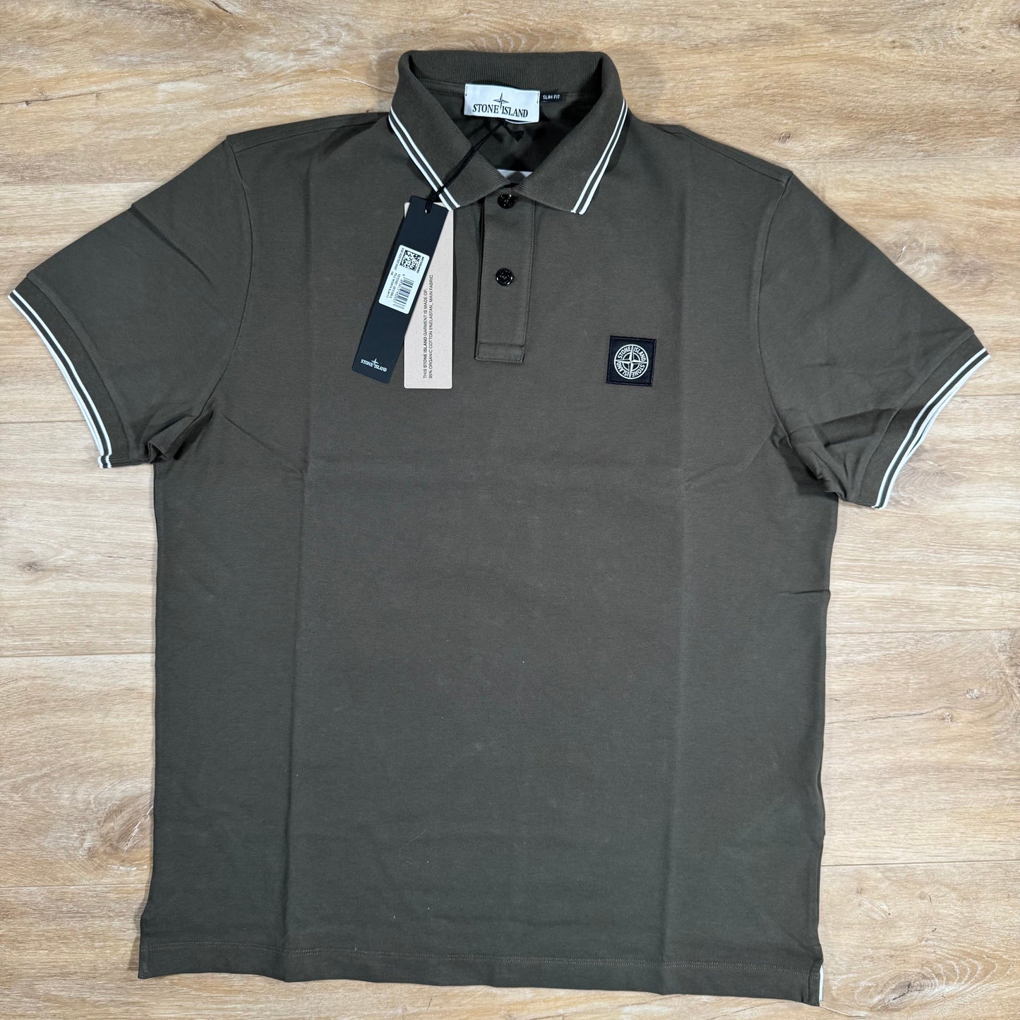 Stone Island Striped Collar Patch Logo Polo Shirt in Military Green