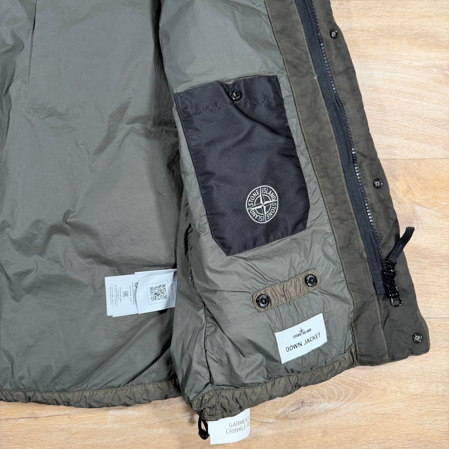 Stone Island Crinkle Reps NY Nylon Down Vest in Military Green
