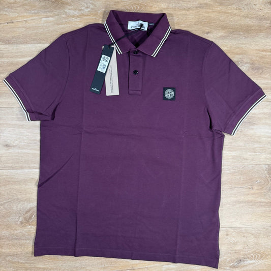 Stone Island Striped Collar Patch Logo Polo Shirt in Amaranth