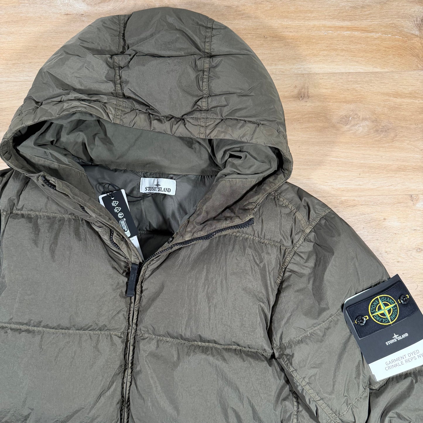 Stone Island Crinkle Reps NY Nylon Down Jacket in Military Green