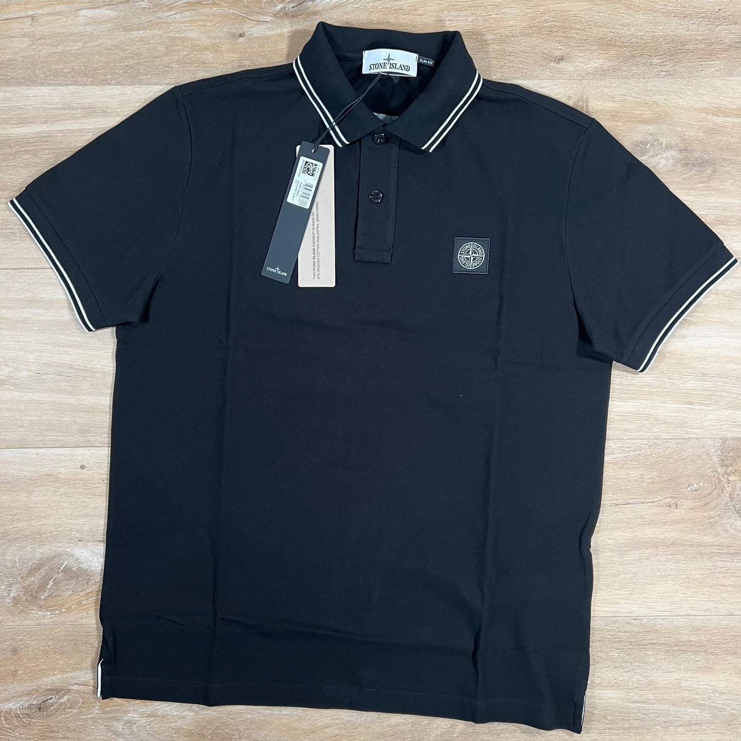 Stone Island Striped Collar Patch Logo Polo Shirt in Black