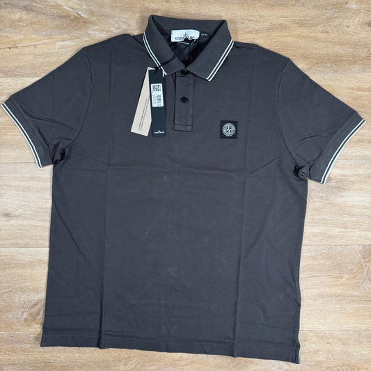 Stone Island Striped Collar Patch Logo Polo Shirt in Lead Grey