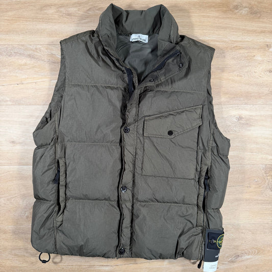 Stone Island Crinkle Reps NY Nylon Down Vest in Military Green