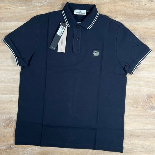 Stone Island Striped Collar Patch Logo Polo Shirt in Navy