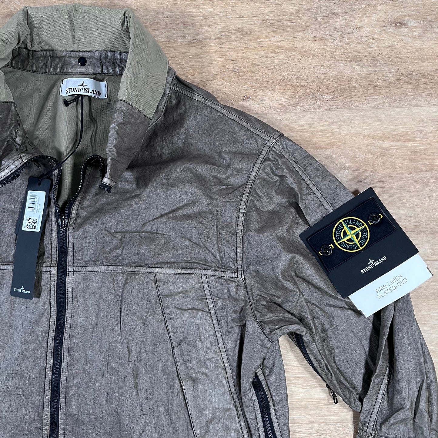 Stone Island Raw Linen Plated-OVD Jacket in Military Green