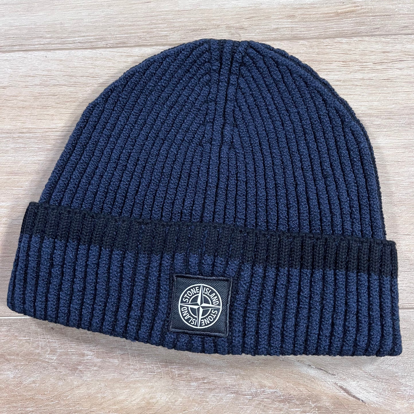 Stone Island Mixed Fabric Vanisé Full Rib RWS Wool Beanie in Navy