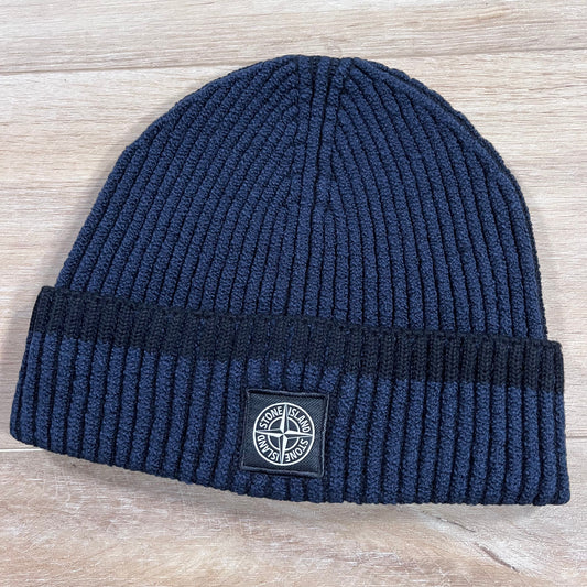 Stone Island Mixed Fabric Vanisé Full Rib RWS Wool Beanie in Navy