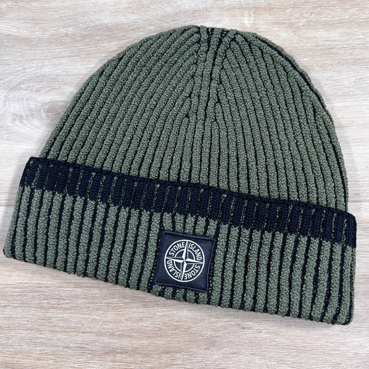 Stone Island Mixed Fabric Vanisé Full Rib RWS Wool Beanie in Military Green