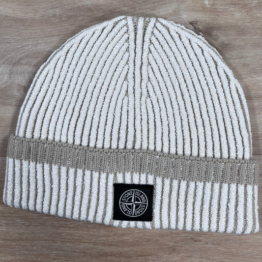 Stone Island Mixed Fabric Vanisé Full Rib RWS Wool Beanie in Ivory